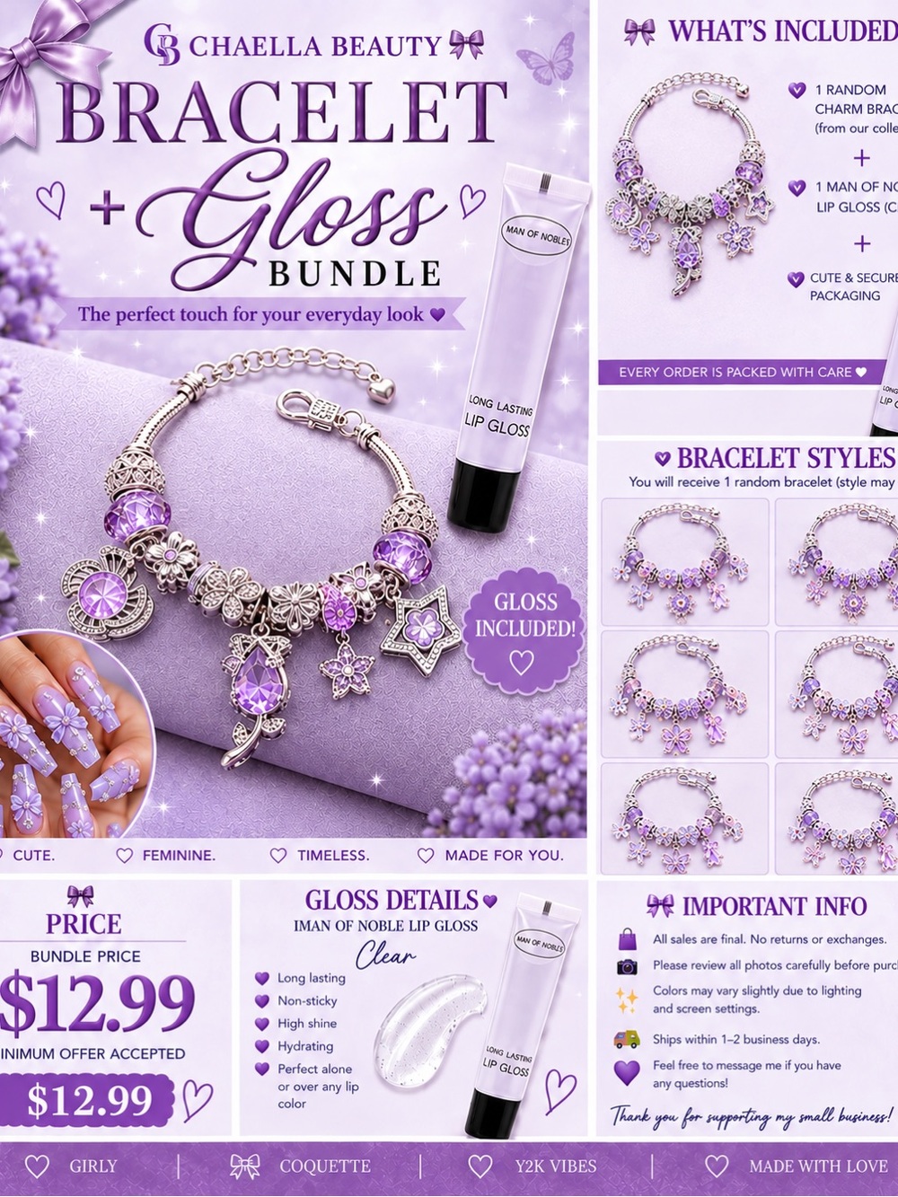 Lavender Charm Bracelet + Gloss Bundle